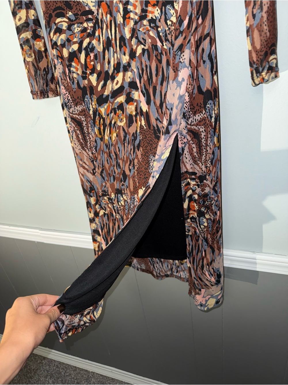 Long Sleeve Abstract Animal Print Midi Dress in Brown - Picture 5 of 9